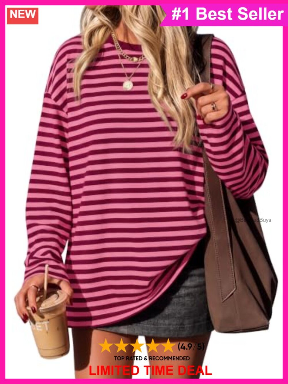 Oversized Striped Long Sleeve Drop Shoulder Casual Women's T-Shirt